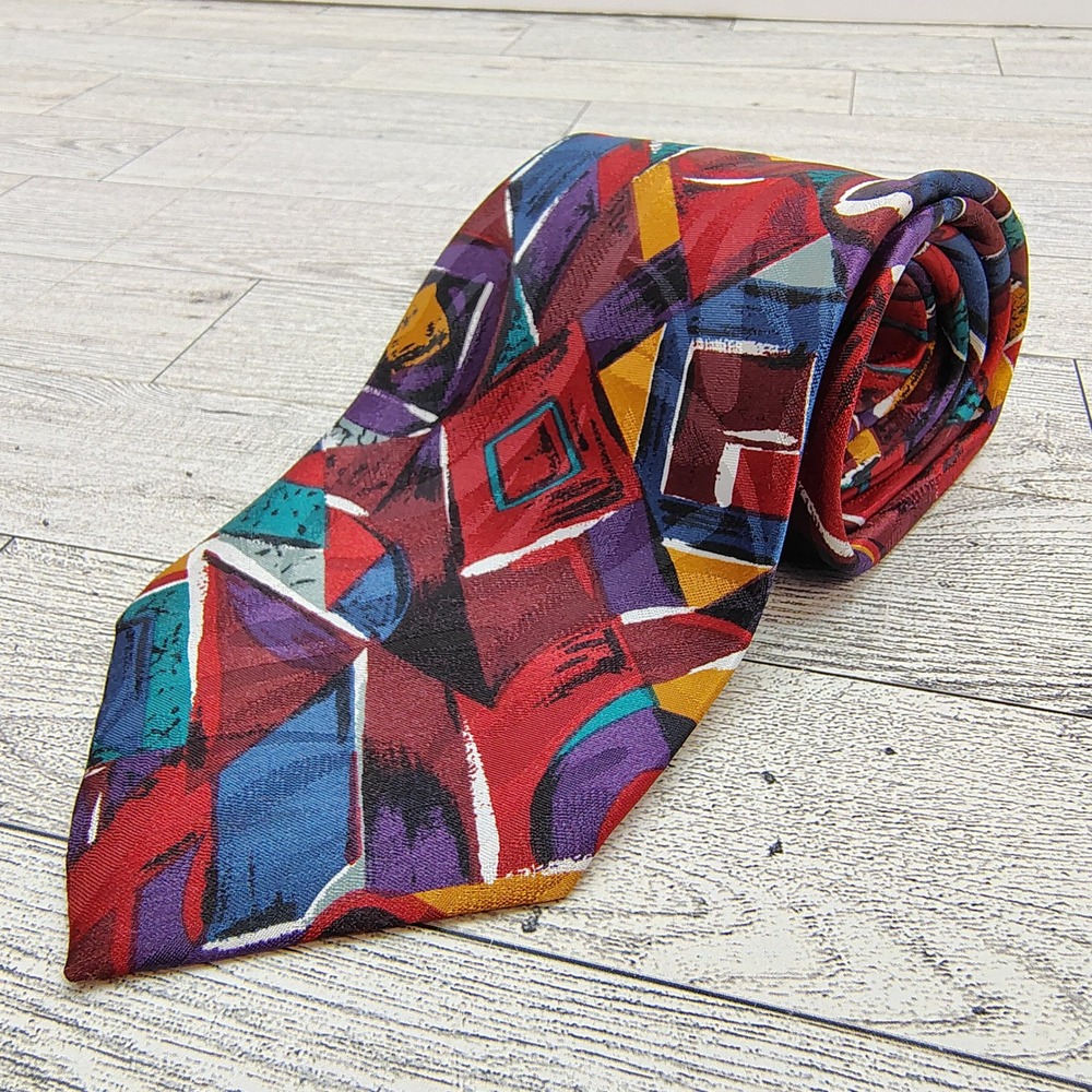 Vintage Adolfo Colorful Geometric Abstract Pattern Retro USA Mens Necktie